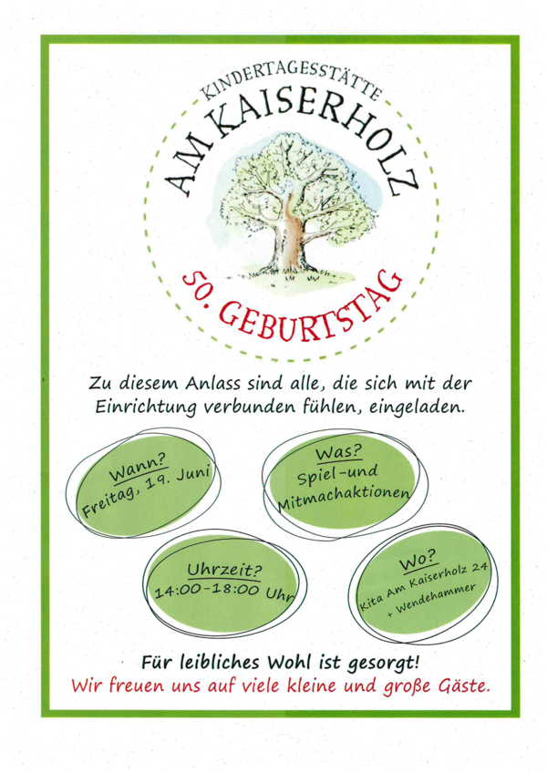 Bild vergr&ouml;&szlig;ern: Plakat zur 50-Jahr-Feier der Kindertagesst�tte "Am Kaiserholz" mit Baum-Logo und Informationen zu Datum, Uhrzeit, Ort und Aktivit�ten der Jubil�umsveranstaltung am 19. Juni 2026