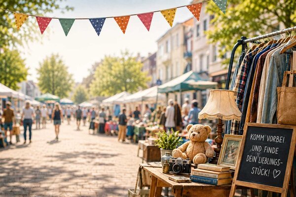 Bild vergr&ouml;&szlig;ern: Flohmarktstand mit Kleidung auf Kleiderb&uuml;geln, einem Teddy, einer Lampe, alten Kameras und einem Schild mit der Aufschrift "Komm vorbei und finde dein Lieblingsst&uuml;ck"