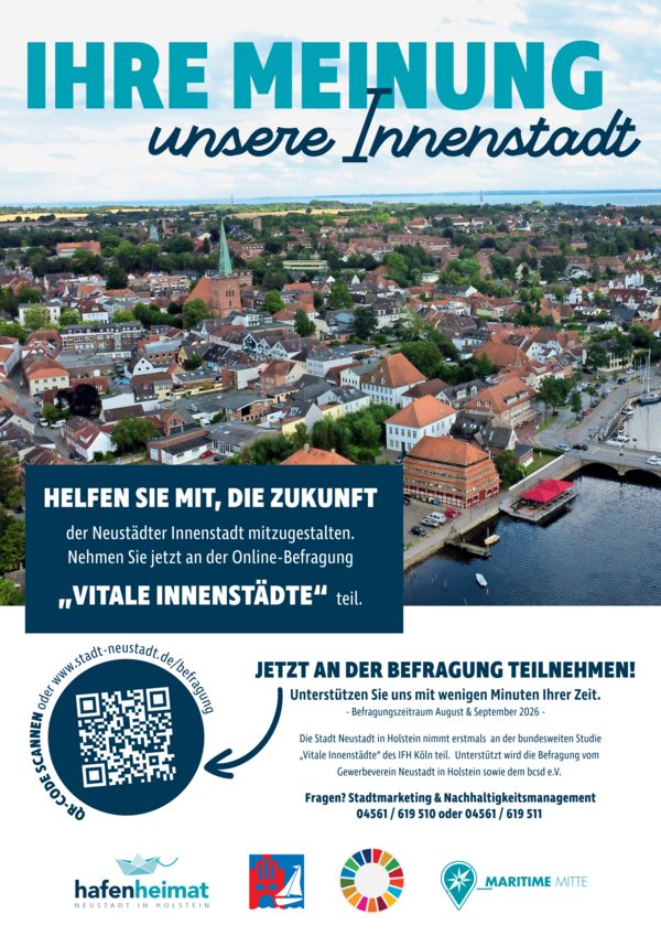 Bild vergr&ouml;&szlig;ern: Luftaufnahme der Neust�dter Innenstadt mit Text zur Online-Befragung "Vitale Innenst�dte" und Aufruf zur Teilnahme an der Innenstadtbefragung 2026