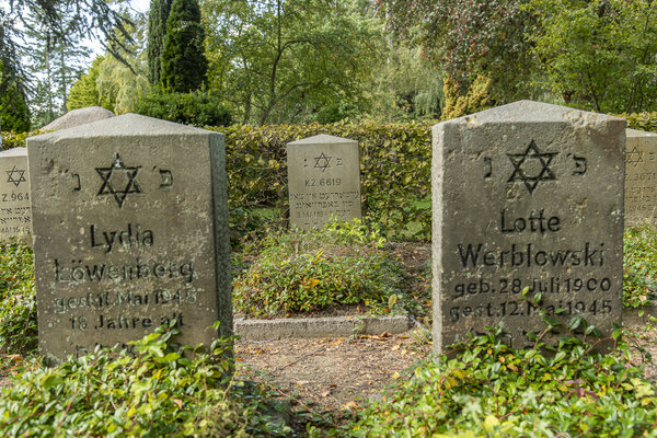 Bild vergr&ouml;&szlig;ern: Grabsteine mit Davidsternen auf einem j�dischen Friedhof, umgeben von Gr�n